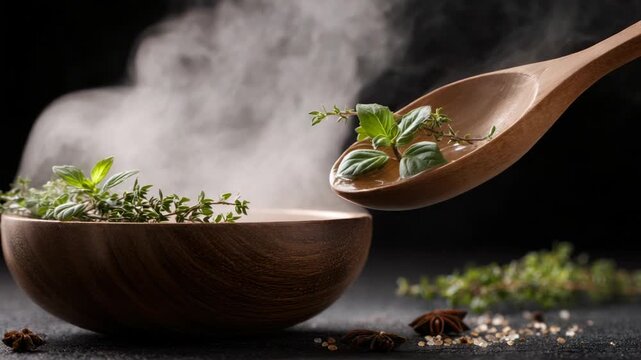 A steaming bowl of broth is seasoned with herbs, held with a wooden spoon. Dark, moody