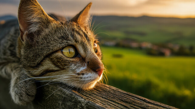Curious tabby cat resting its head on a rustic wooden fence while gazing thoughtfully over a sunlit green countryside landscape at sunset - Powered by Adobe