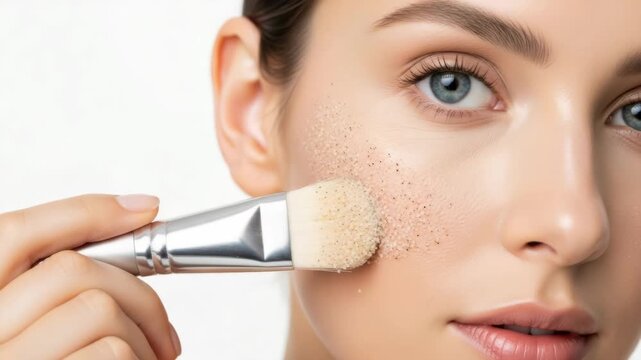 Young woman gently applying a granular facial scrub to her cheek with a soft brush. Essential skincare routine for radiant, healthy skin. Promoting beauty and self-care