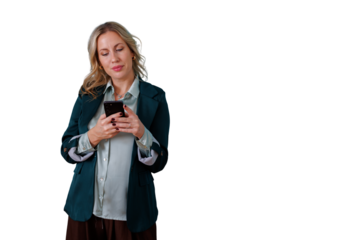 Businesswoman looking at smartphone, holding mobile device and texting, connecting with distant colleagues or friends. Transparent background