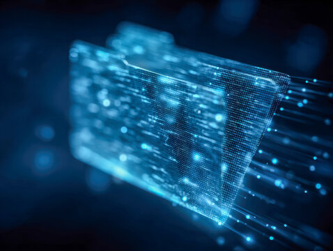 Digital futuristic concept of a glowing blue data folder streaming information in a high-tech network environment on a dark background