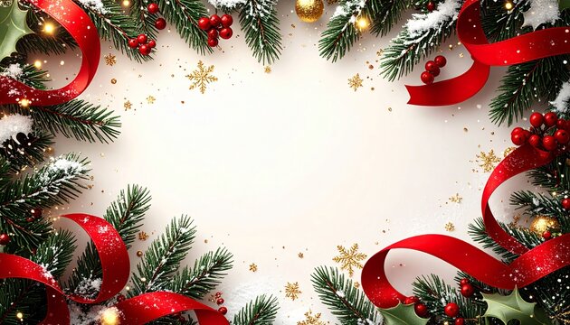 Festive white background for christmas greeting card with red ribbon and fir branches