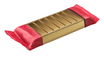 A golden treat wrapped in vibrant red packaging, segmented into bars