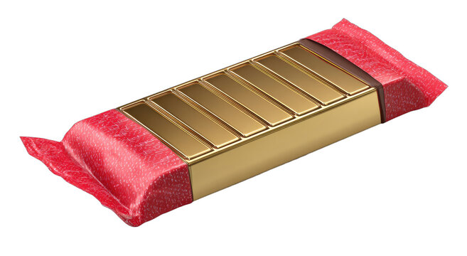 A golden treat wrapped in vibrant red packaging, segmented into bars