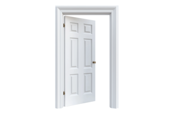Classic White Six-Panel Interior Door Wide Open Isolated on White Background. Open Interior Door with Six Panels Mockup PNG.