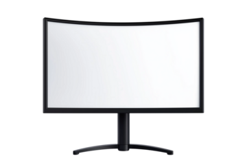 Modern Black Curved Gaming Monitor with Blank White Screen Isolated PNG. Curved Computer Monitor Mockup Black Screen Transparent Background.