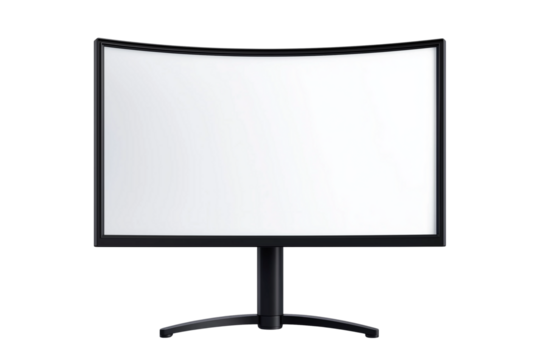 Modern Black Curved Gaming Monitor with Blank White Screen Isolated PNG. Curved Computer Monitor Mockup Black Screen Transparent Background.