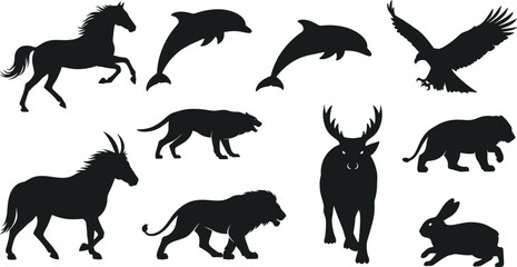 Animal silhouette vector collection, black wildlife icons, editable grid layout, commercial-ready, print-ready, premium design