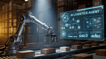Automated Warehouse System Futuristic AI Logistics Agent Optimizing Package Sorting with Robotic Arm and Transparent Display Interface - Powered by Adobe