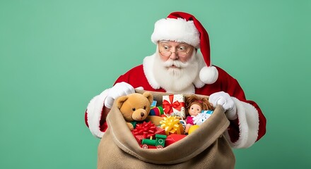 Santa Claus holding a sack full of Christmas presents and toys, including a teddy bear and dolls.