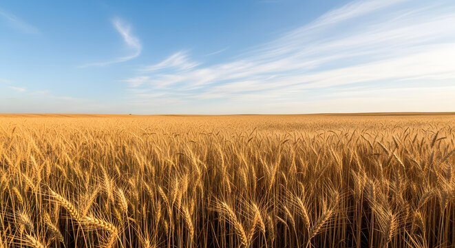 A wide angle shot of a golden wheat field under a clear blue sky with wispy clouds on a sunny day