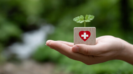Hand Holding Wooden Healthcare Icon Block Representing Modern Health Insurance, Medical Protection, Wellness Security, and Preventive Care Coverage in Contemporary Insurance Services