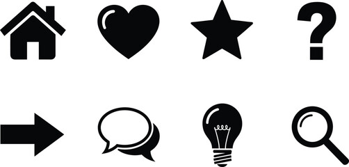 Essential UI icon vector set, black interface symbols with heart, star, chat, and search, editable, premium 
