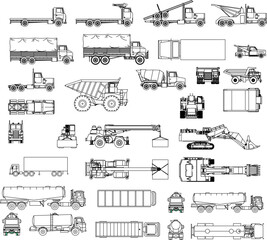 Comprehensive technical vector set of heavy construction and commercial vehicles (dumpers, cranes, mixers, trailers) in mixed orthogonal views.