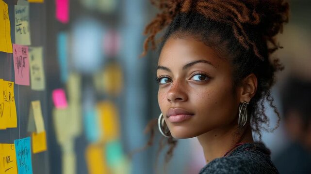 Engaging portrait of young woman with natural freckles and curly hair amidst vibrant, blurred creative workspace