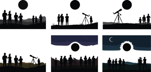 People watching solar eclipse with telescope silhouette, astronomy vector illustration showing night sky observation, stargazing, space exploration, and celestial event concept design