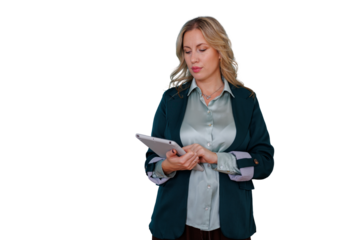 Businesswoman using digital tablet for work, embracing modern technology and corporate communication with transparent background