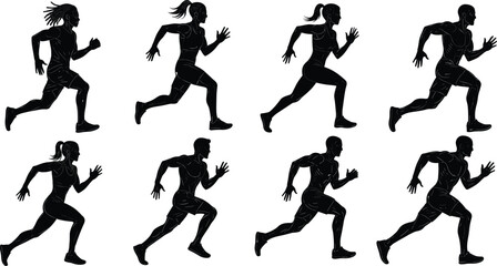Running silhouette vector set, black athletic motion poses, editable sports artwork, commercial-ready, print-ready, premium design