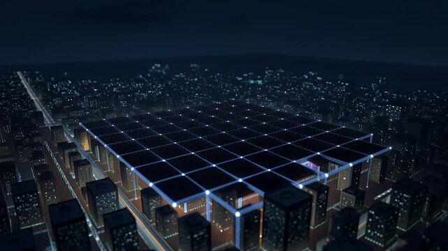 Futuristic smart city digital network with data flow across urban skyline and skyscraper cityscape cutting edge technology and connectivity glow neon light, cyberpunk grid infrastructure