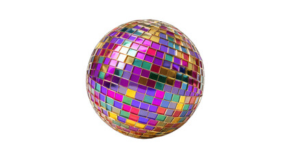 A reflective, multi-colored sphere composed of small, square mirrored tiles