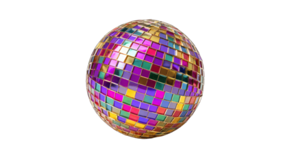 A reflective, multi-colored sphere composed of small, square mirrored tiles