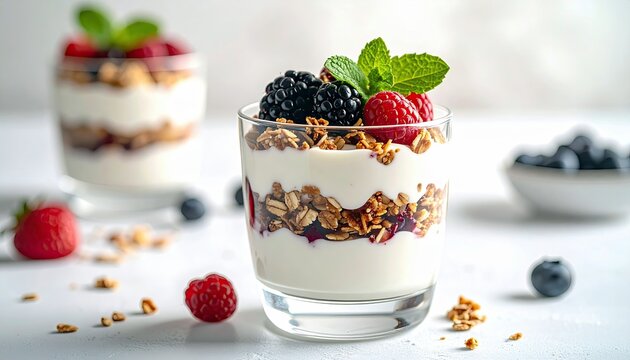 A close-up of a layered yogurt parfait with fresh berries and granola, topped with mint, in a glass. - Powered by Adobe
