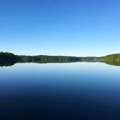 Fototapeta premium A serene lake reflecting a clear blue sky and a forested shoreline on a peaceful morning scene