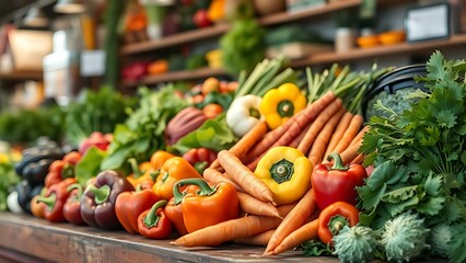 bellpeppers. A colorful display of fresh organic vegetables arranged artistically on a rustic market counter. menu design.