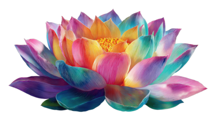 Vibrant, multi-hued lotus flower with intricate petals, set against black