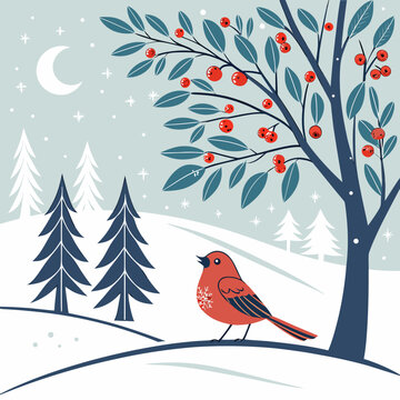 A winter scene with a red bird under a tree with red berries and snow covered ground and pine trees