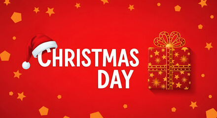 Fototapeta premium Christmas Day text with Santa hat and gift box on red background with stars lettering