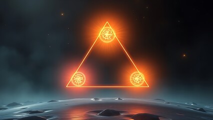 equilibrium. Three glowing energy cores suspended in a perfect triangular formation, symbolizing balance and harmony. STEM education sheets.
