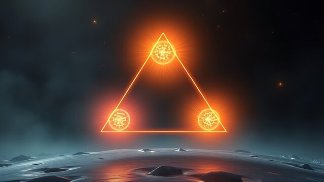equilibrium. Three glowing energy cores suspended in a perfect triangular formation, symbolizing balance and harmony. STEM education sheets.