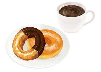 お皿に乗ったドーナツ2個とコーヒーのセット