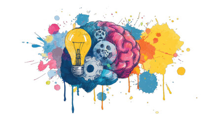 Artistic depiction of a brain with a lightbulb and gears, surrounded by colorful paint splatters