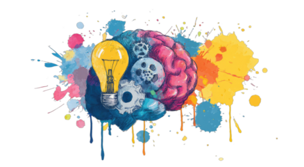 Artistic depiction of a brain with a lightbulb and gears, surrounded by colorful paint splatters