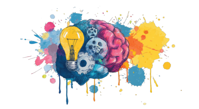Artistic depiction of a brain with a lightbulb and gears, surrounded by colorful paint splatters