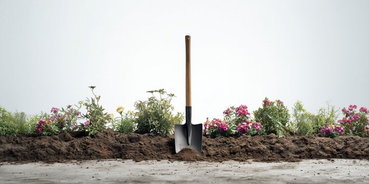 Flower bed garden upkeep scene showing shovel in soil representing clean outdoor routine ideal for lifestyle brands promoting plantcare sustainable gardening and modern home improvement themes