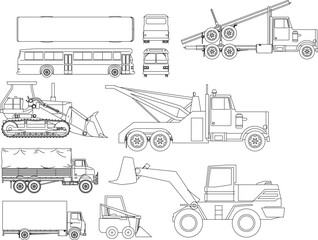 Technical vector set of heavy vehicles: bus, tow truck, bulldozer, box truck, and loader in side elevation view.