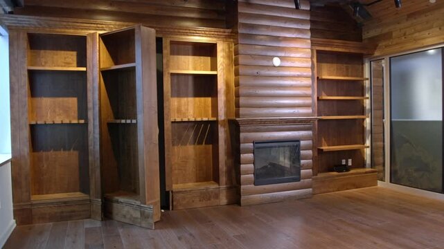 A hidden doorway in a wall of bookshelves opens to reveal a concealed room. From within a man comes out examining the door with great interest and wonderment