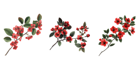 Red Flower Branch with Dark Green Leaves Set Isolated on Transparent Background. Decorative Red Flower and Leaf Branch Collection PNG.