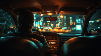 Night city view from inside car with driver silhouette and bokeh lights