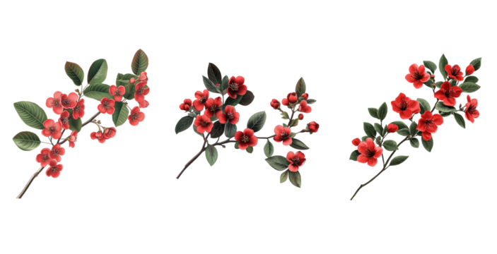 Red Flower Branch with Dark Green Leaves Set Isolated on Transparent Background. Decorative Red Flower and Leaf Branch Collection PNG.