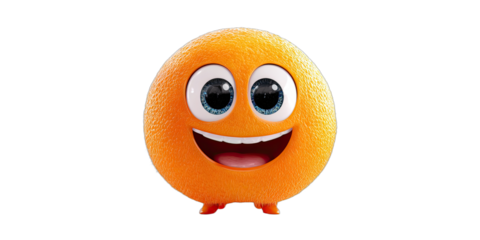 A cheerful, anthropomorphic orange character with large blue eyes and an open mouth