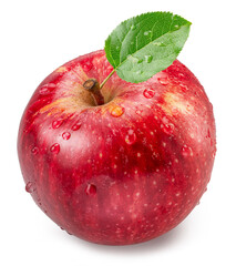 Ripe red apple with green leaf covered with water drops on white background. File contains clipping path.