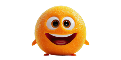 A cheerful, round orange character with big eyes, a wide smile, and tiny limbs