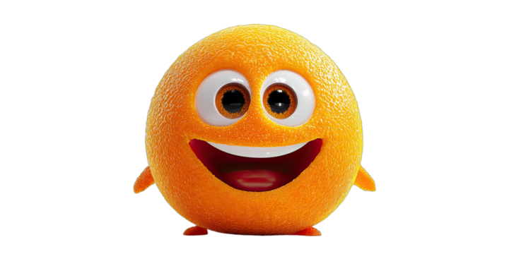 A cheerful, round orange character with big eyes, a wide smile, and tiny limbs