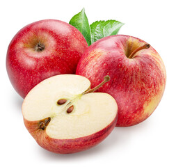 Two red apples and half of apple on white background. File contains clipping paths.