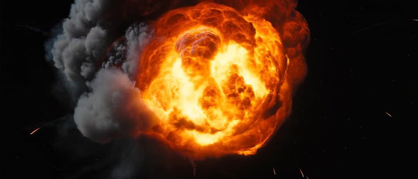 Explosion, Fiery Blast, Void Space, Digital Render, Dark Environment, Close-up Viewpoint, Cataclysmic Concept