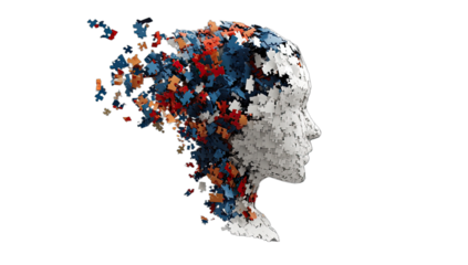 Silhouette head disintegrating into colorful jigsaw puzzle pieces, suggesting thought/mind